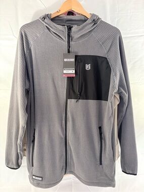 Freedom Industries, gray waffle fleece hoodie black chest panel (NWT)